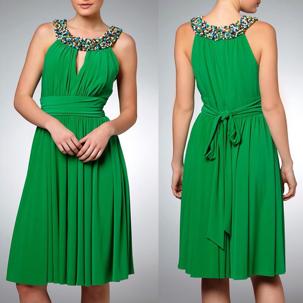 Suzi Chin Womens Dress Sz 8 Green Beaded Halter Sleeveless Keyhole Stretch Midi